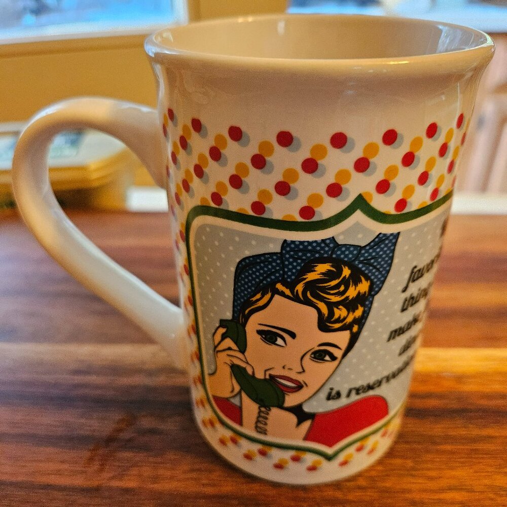 retro housewife mug with fun graphics great condition graphics on both sides